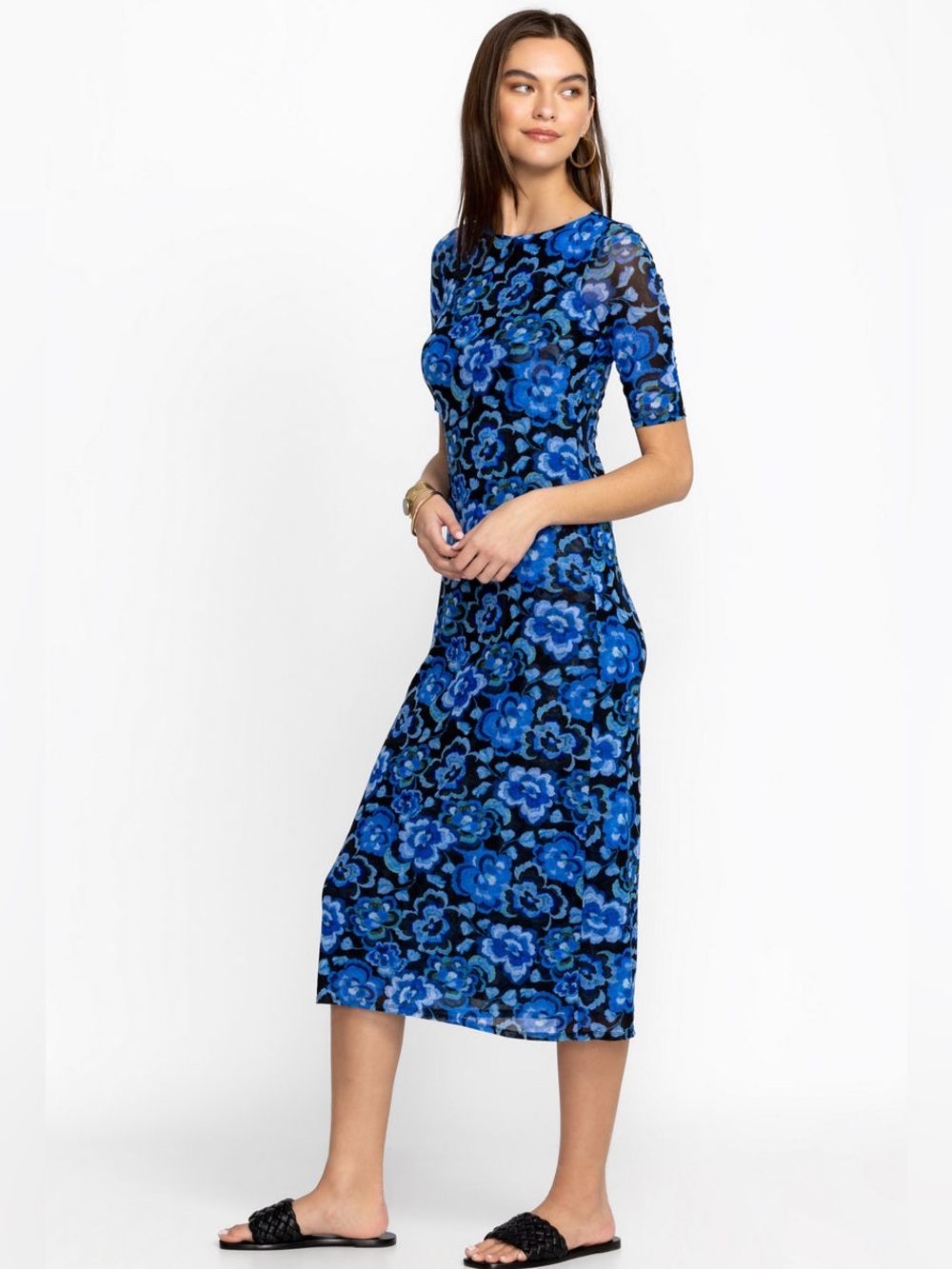 Johnny Was Blue Calanthe Floral Semi Sheer Mesh Midi Dress
